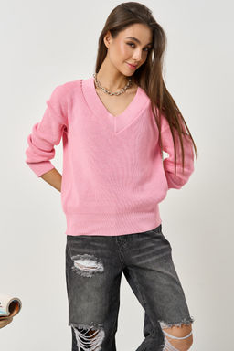 Джемпер свободного силуэта c v-образным вырезом розовый - Fly фото 5
