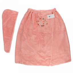 Парео махровое "Свежий букет" 70х175см, хлопок 100%, на резинке с липучкой, на кнопке, с вышивкой; с чалмой на пуговице 68х25см, розовый (Китай)