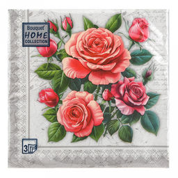 Салфетки бумажные Bouquet Home Collection Classic 33х33см, 3-х слойные, 20 штук в упаковке, 100% целлюлоза, Розы в рамке. Серебро (Россия)