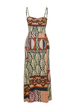 TRENDYOLMILLA Cok Renkli Ayarlanabilir Ask?l? Bask?l? Ask?l? Burumcuk/Dokulu Orme Midi Elbise TWOSS24EL00401