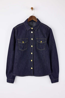 Koyu Mavi Dugme Detayl? Basic 100% Pamuk Denim Gomlek TWOSS26GO00004