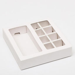 Цена за 5 шт. Коробка под 8 конфет + шоколад, с окном, белая, 17×5×17.5×3.7 см