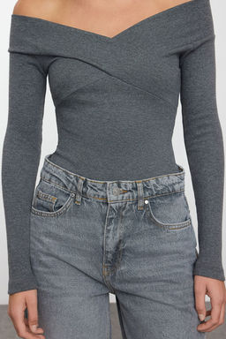 Koyu Gri Carmen Yaka Fitilli Alttan C?tc?tl? Esnek Orme Body TWOAW21BD0053