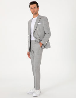 A__k Gri Slim Fit %100 Y_n _izgili Kruvaze Tak_m Elbise