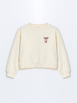 Bisiklet Yaka Kurdele Bask?l? K?z ?ocuk Kal?n Crop Sweatshirt