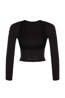 Trendyolmilla Saks Derin S?rt Dekolteli Fitted/Vucuda Oturan Pamuklu Esnek Orme Bluz TWOAW24BZ00173