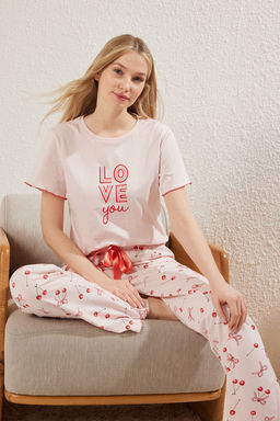 Trendyolmilla Pudra %100 Pamuklu Kiraz ve Kurdele/Fiyonk Desenli Orme Pijama Tak?m? THMSS25PT00188  фото 2