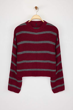 Bordo Crop Basic Genis Kal?p Cizgili Triko Kazak TWOAW23KZ00390