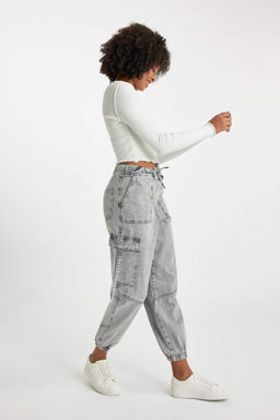 Джинсовые брюки с высокой талией и удобной посадкой, с гибкой талией и длинными штанинами - Defacto фото 5