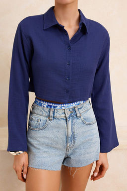 Koyu Lacivert Dokuma %100 Pamuk Plaj Crop Gomlek TBESS24GO00011