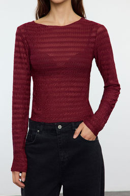 Siyah Fitted/Vucuda Oturan Dokulu Tul Esnek Orme Bluz TWOAW25BZ00207 - Trendyolmilla фото 4