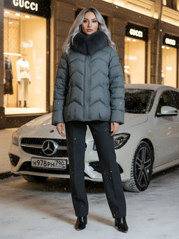 Куртка зимняя женская с мехом и капюшоном тренд темно-серого цвета 7759TC - Visdeer фото 23