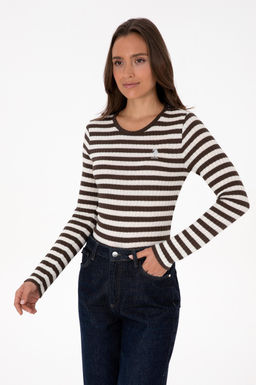 Kad_n Kahverengi _izgili Bisiklet Yaka Sweatshirt