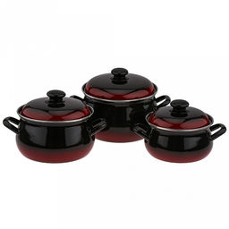 "Южанка" Набор эмалированных кастрюль 3 предмета: 2л - д18,5см, h9,8см, 3л - д21см, h12см, 4,5л - д23,5см, h13,2см, s0,8мм, форма грушевидная, двойной слой эмалевого покрытия, металлическая крышка с пластмассовой ручкой-кнопкой, металлические ручки,