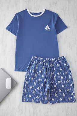 Trendyolmilla Man Mavi Slim Fit Bask?l? Orme Sortlu Pijama Tak?m? TMNSS25PT00031  фото 5