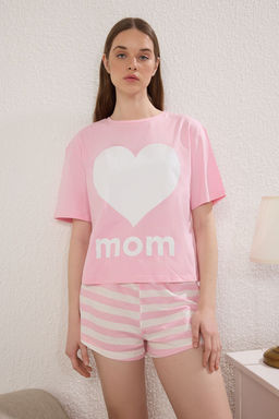 Trendyolmilla Kad?n Mini Me/Anne K?z Pembe %100 Pamuklu Cizgili Kalpli Sortlu Orme Pijama Tak?m? THMSS25PT00343