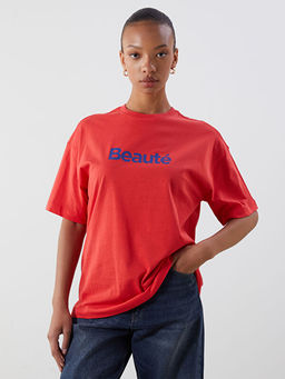 Bisiklet Yaka Bask?l? Oversize Kad?n Ti??rt