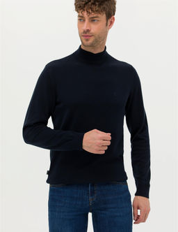 Lacivert Slim Fit Yar_m Bal_k__ Yaka Basic Triko Kazak