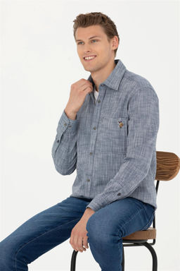 Мужская темно-синяя рубашка с длинным рукавом