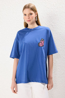 TRENDYOLMILLA Antrasit On ve Arka Bask?l? Oversize/Genis Kal?p Bisiklet Yaka Orme T-Shirt TWOSS24TS00119  фото 17