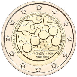 Монета 2 евро 2023 года Кипр 60 лет Центральному банку Кипра