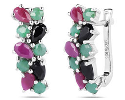 Серьги, изумруд берилл , рубин корунд , сапфир корунд, Арабеска