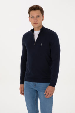Erkek Slim Fit Yar_m Fermuarl_ Lacivert Basic Kazak