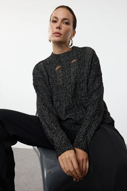 TRENDYOLMILLA Siyah Pamuklu Sac Orgu Triko Kazak TWOAW25KZ00214
