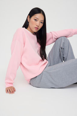 Ac?k Pembe Renk Bloklu Oversize/Genis Kal?p Kal?n Orme Sweatshirt TWOAW26SW00025