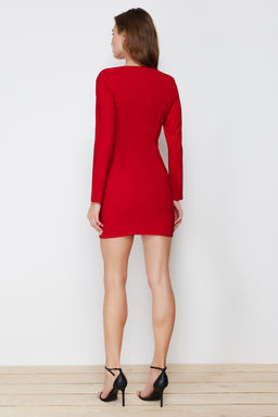 K?rm?z? Cep Detayl? Dugmeli V Yaka Dokuma Ceket Elbise TWOAW24EL00629 - Trendyolmilla фото 11