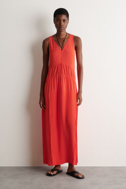 VESTIDO LARGO PLISADO FRUNCIDO CUELLO PICO