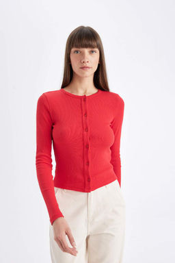 Кардиган узкого кроя с круглым вырезом в рубчик и камзолом