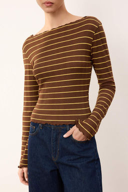 Wardrobe Essentials-Kahverengi Cizgili Fitted/Vucuda Oturan Orme Bluz TWOSS26BZ00176