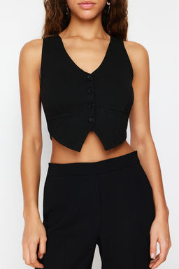 Siyah Duz Slim Regular Dugme Detayl? Crop Yelek TWOSS23YE00037