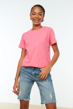 Indigo-Pembe %100 Pamuk 2li Paket Basic Bisiklet Yaka Orme T-Shirt TWOSS20TS0141