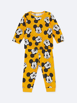 Bisiklet Yaka Uzun Kollu Mickey Mouse Bask?l? Erkek Bebek Pijama Tak?m?
